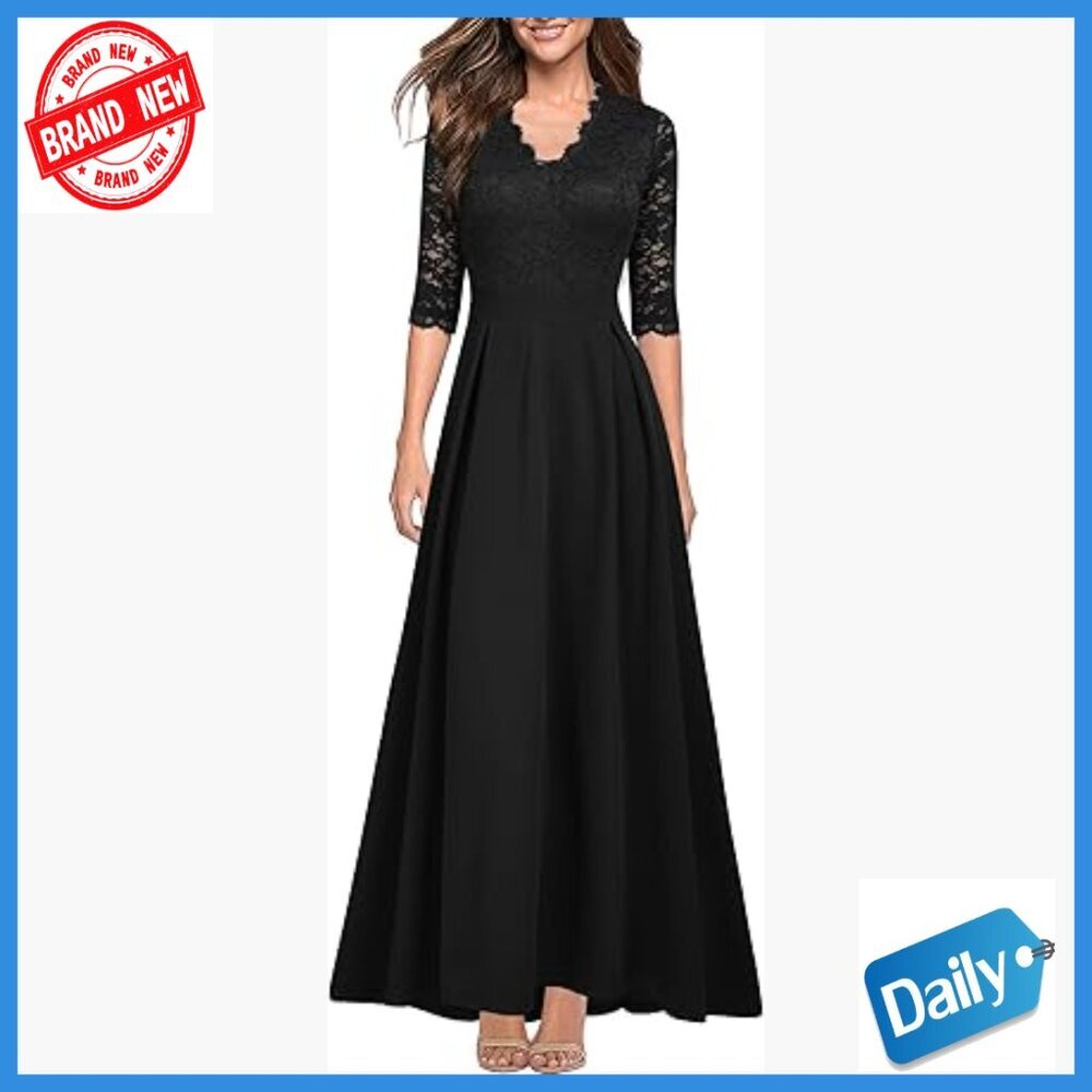 V-Neck Lace Formal Long Dress for Wedding Bridesmaid Prom Evening